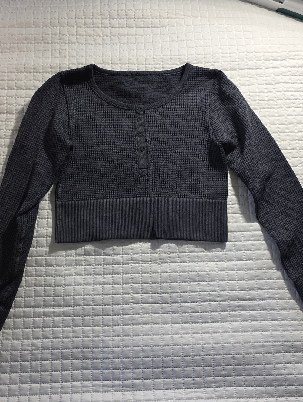 Waffle Knit Long Sleeve Cropped Top - Black